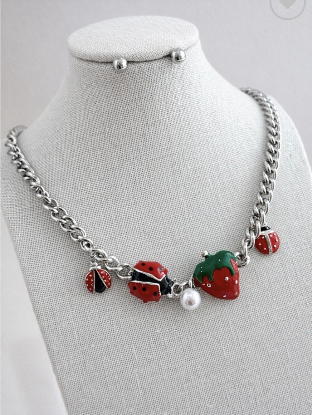 Chain Necklace with Red Strawberry & Ladybug Charms -STAINLESS STEEL